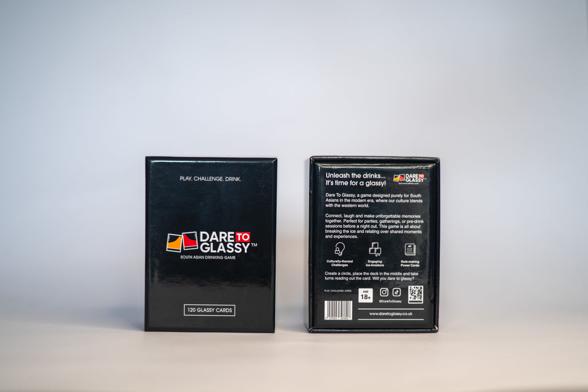 Front and back of the Dare To Glassy card game box
