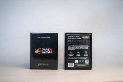 Front and back of the Dare To Glassy card game box