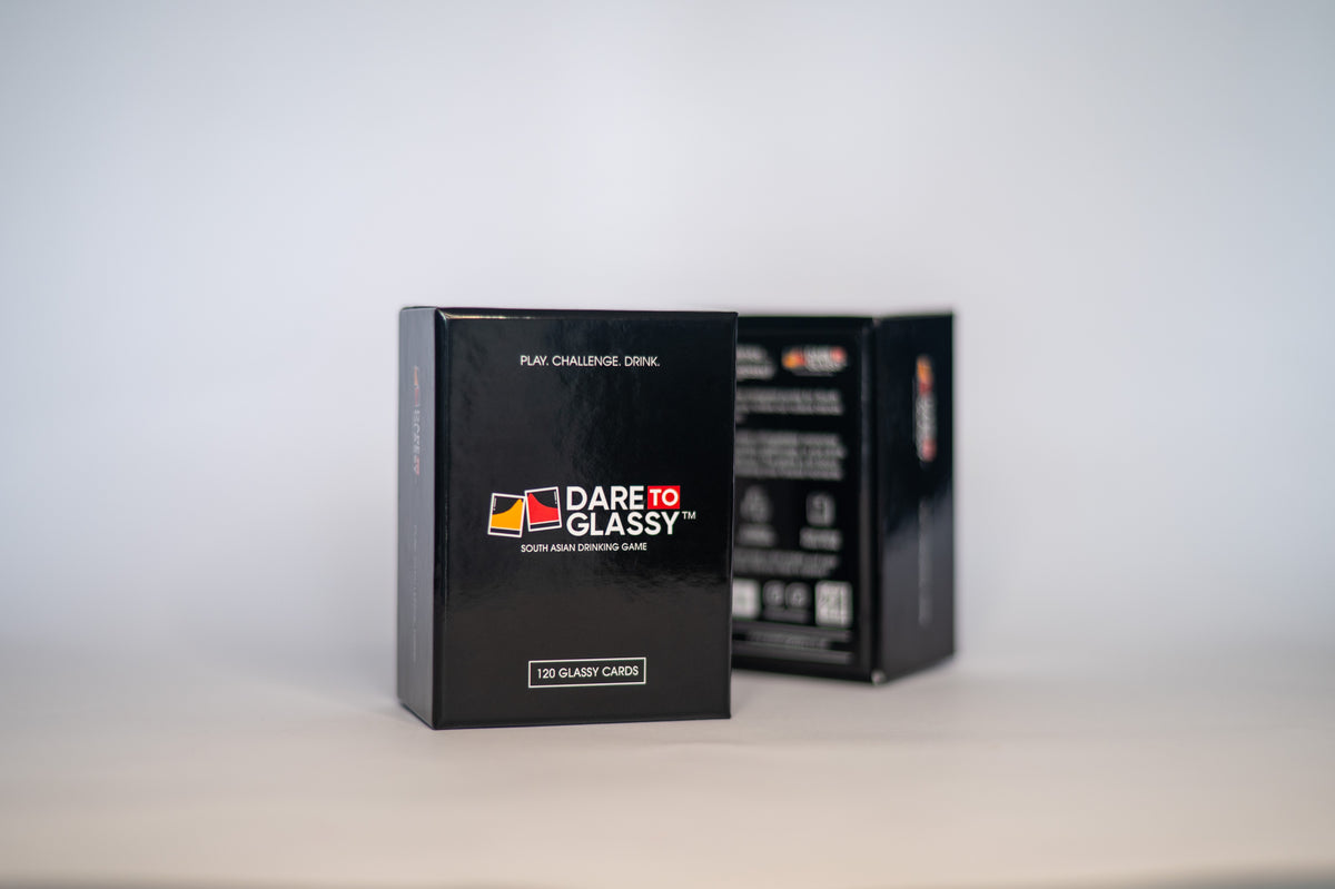Dare To Glassy South Asian drinking card game box, front and side view