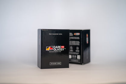 Dare To Glassy South Asian drinking card game box, front and side view